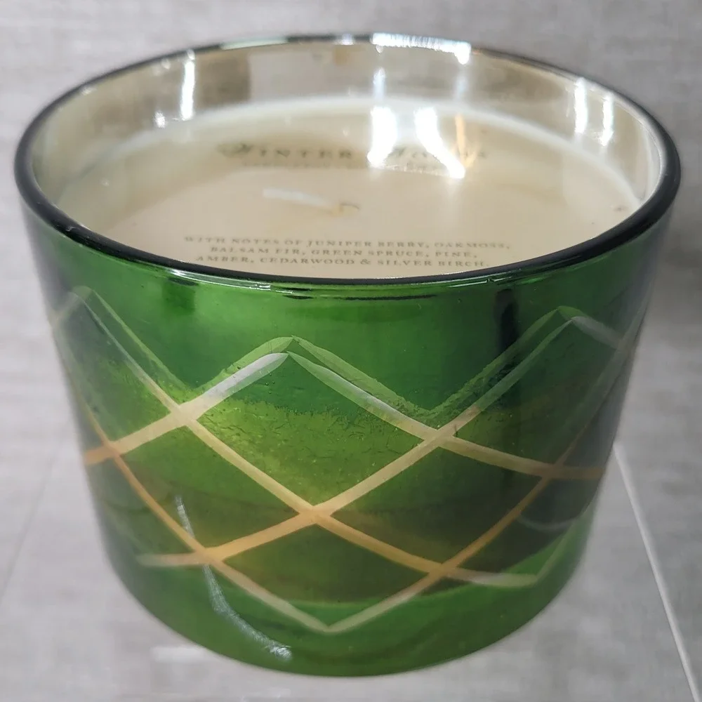 Pottery Barn Winter Woods Scented Candle 10.6oz Green Glass Gold Lattice RARE
